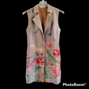 SOLITAIRE ANTHROPOLOGIE FAUX SUEDE FLORAL PRINT LONG VEST SZ Medium